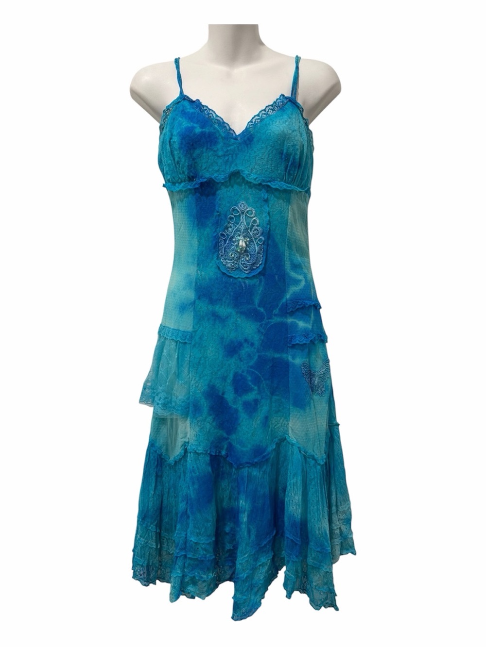 Carmim Blue Tie Dye Mesh Tiered Dress Vintage Y2K Lace Mermaidcore Fairycore M